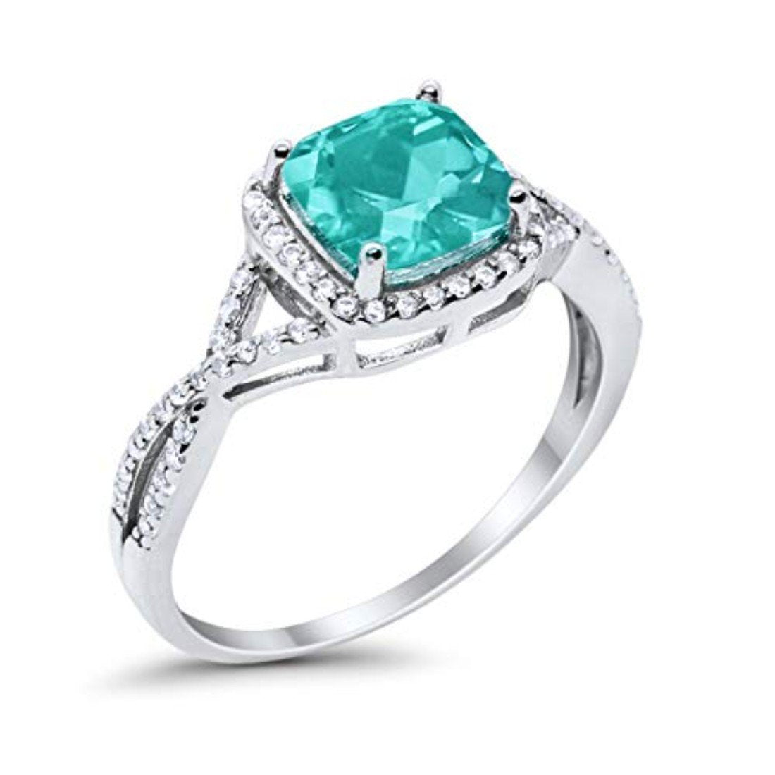 Halo Infinity Shank Engagement Ring Cushion Simulated Paraiba Tourmaline CZ