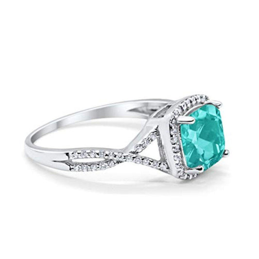 Halo Infinity Shank Engagement Ring Cushion Simulated Paraiba Tourmaline CZ