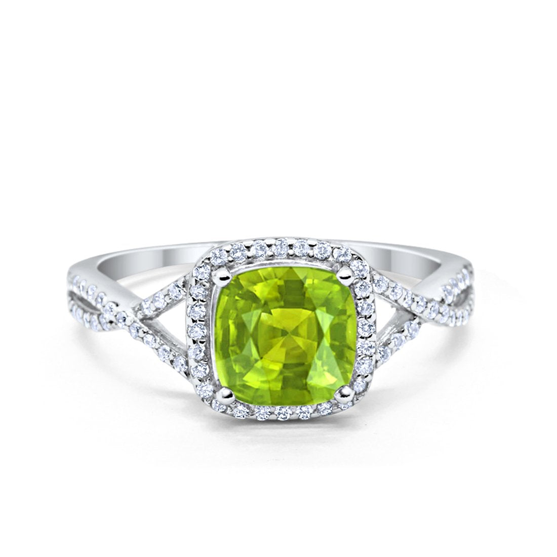 Halo Infinity Shank Engagement Ring Cushion Round Simulated Peridot CZ