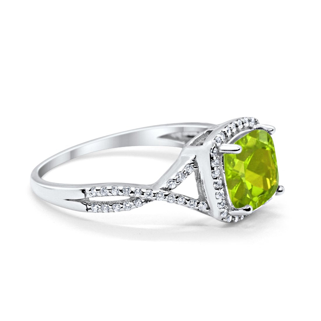 Halo Infinity Shank Engagement Ring Cushion Round Simulated Peridot CZ