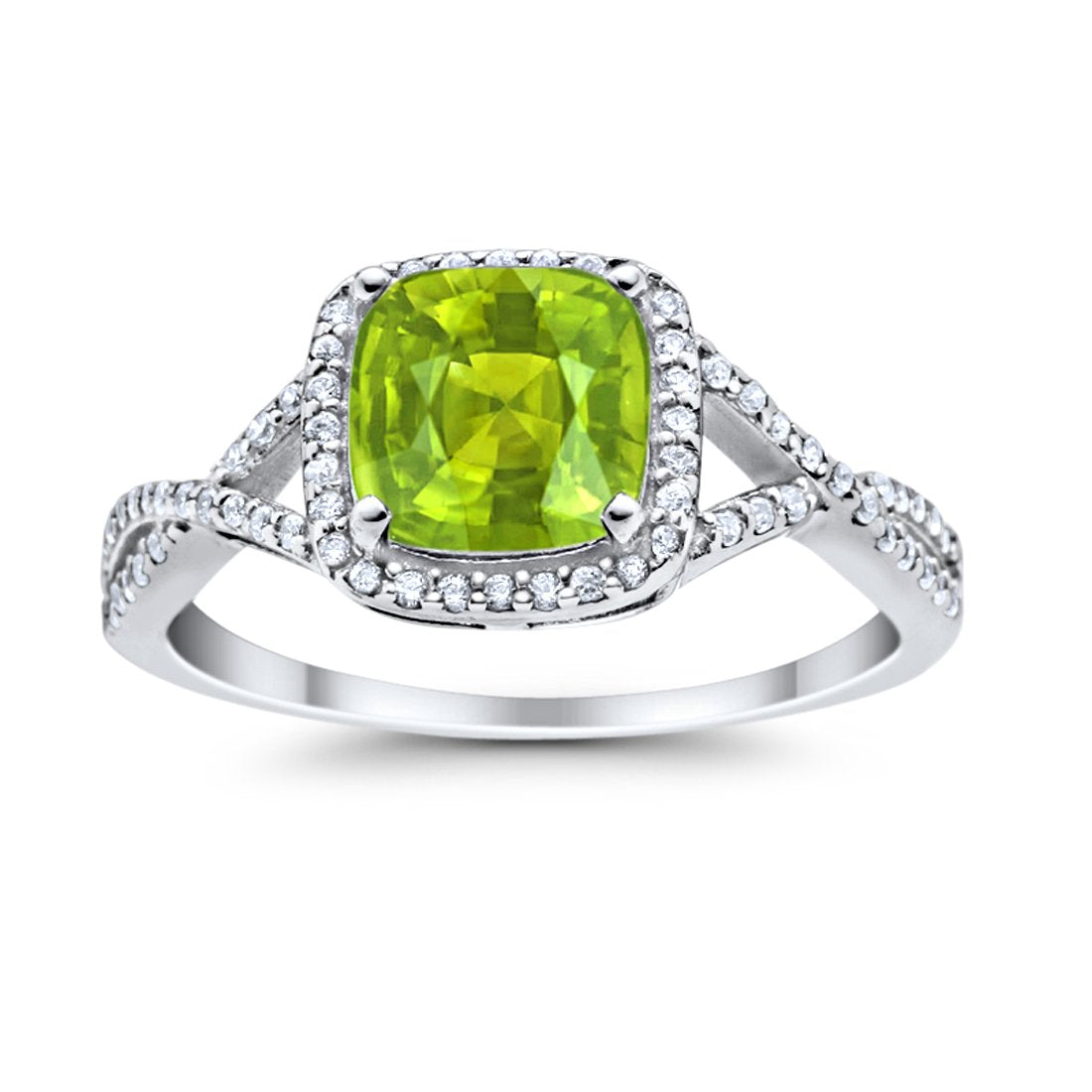 Halo Infinity Shank Engagement Ring Cushion Round Simulated Peridot CZ