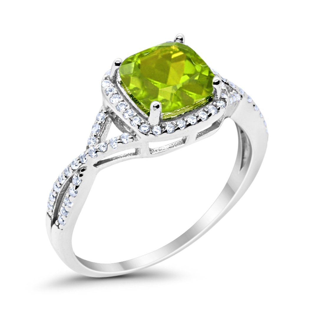 Halo Infinity Shank Engagement Ring Cushion Round Simulated Peridot CZ