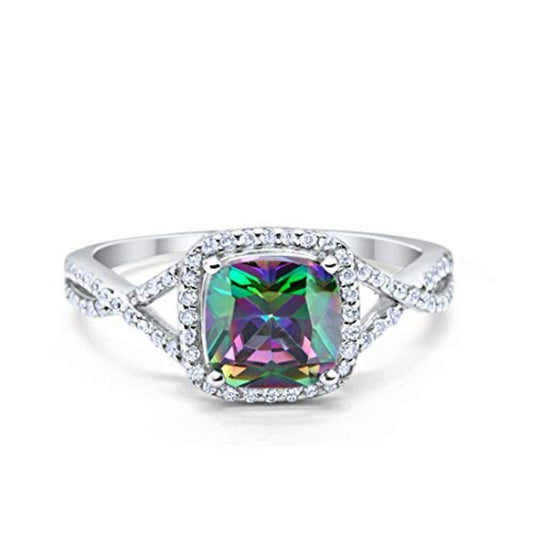 Halo Infinity Shank Cushion Simulated Rainbow CZ Engagement Ring