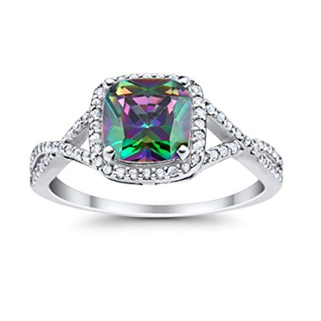 Halo Infinity Shank Cushion Simulated Rainbow CZ Engagement Ring