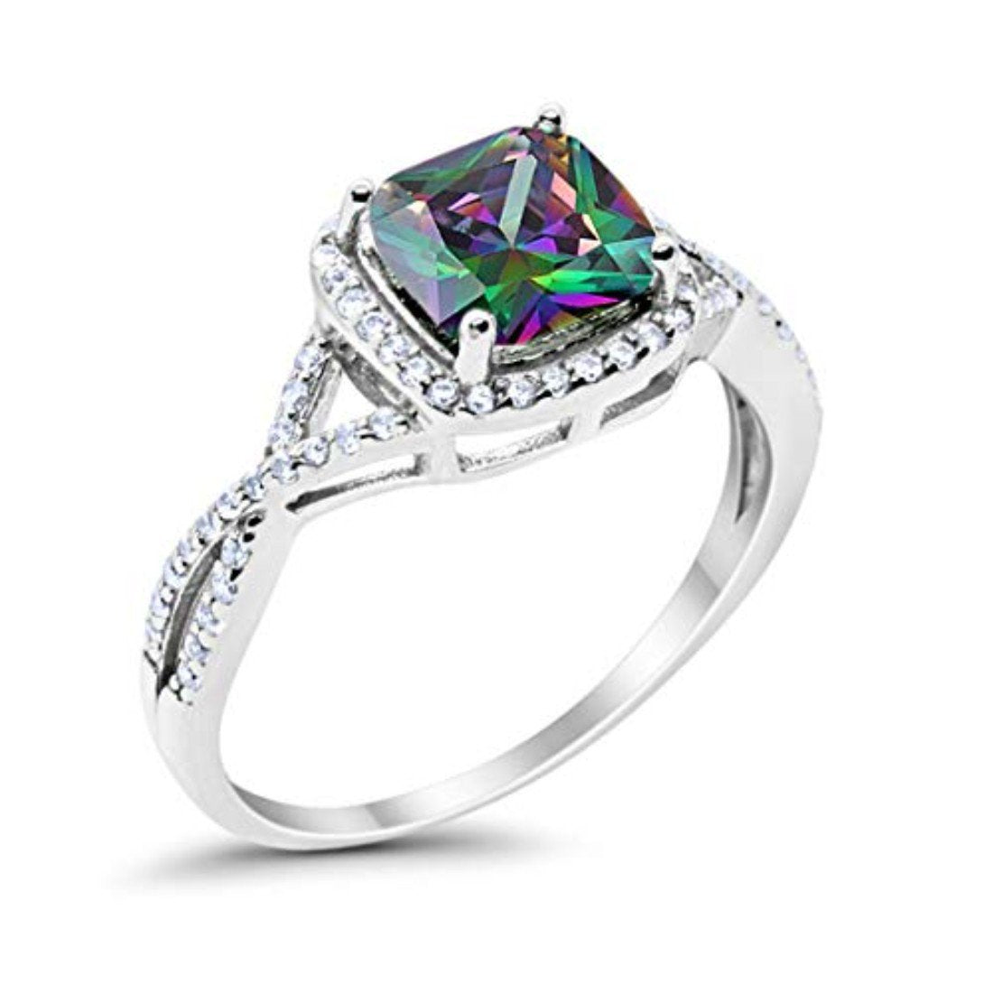 Halo Infinity Shank Cushion Simulated Rainbow CZ Engagement Ring