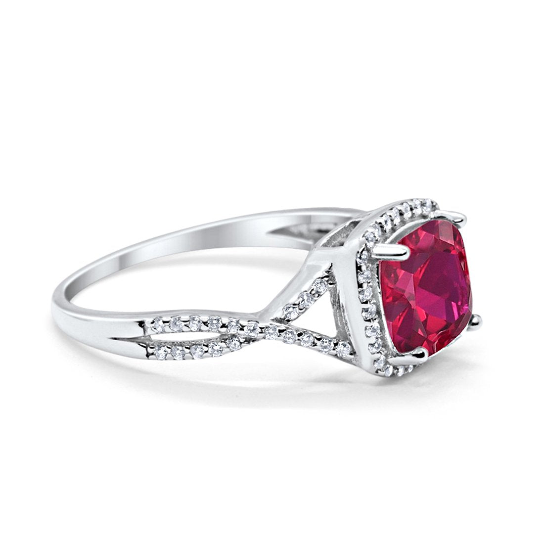 Halo Infinity Shank Engagement Ring Cushion Round Simulated Ruby CZ