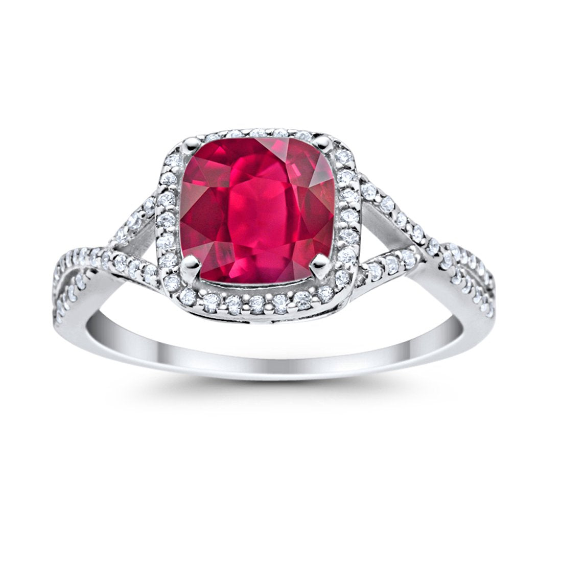 Halo Infinity Shank Engagement Ring Cushion Round Simulated Ruby CZ