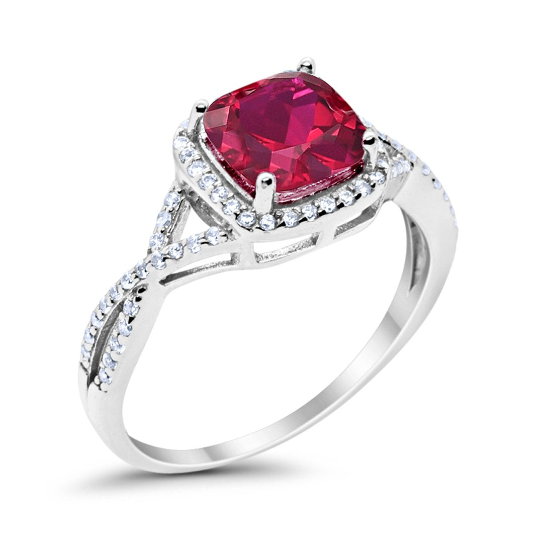 Halo Infinity Shank Engagement Ring Cushion Round Simulated Ruby CZ