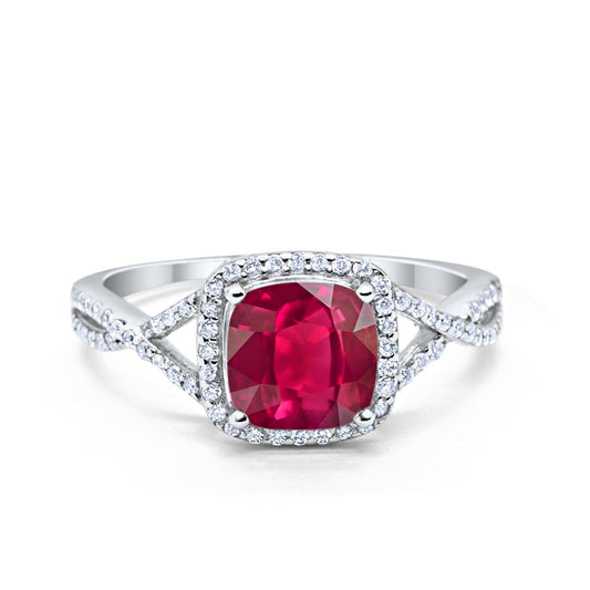 Halo Infinity Shank Engagement Ring Cushion Round Simulated Ruby CZ