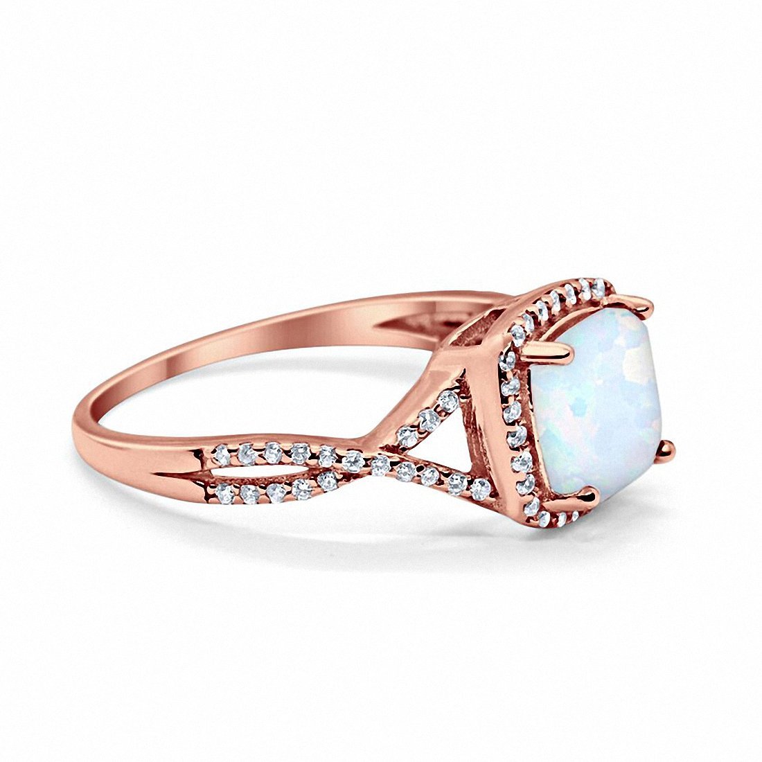 Halo Engagement Ring Rose Tone, Lab Created White Opal