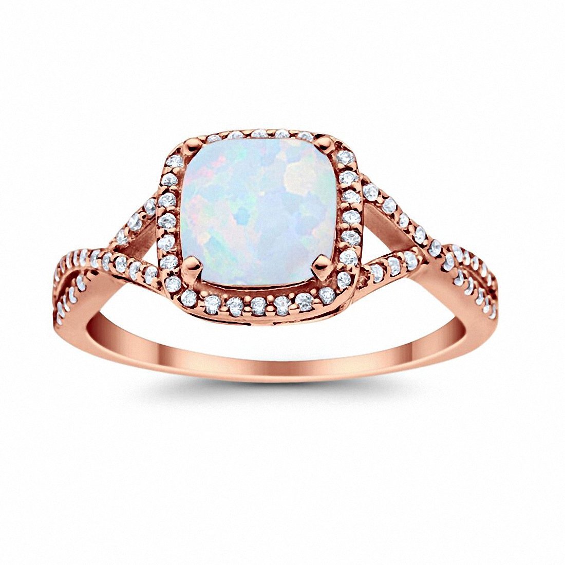 Halo Engagement Ring Rose Tone, Lab Created White Opal