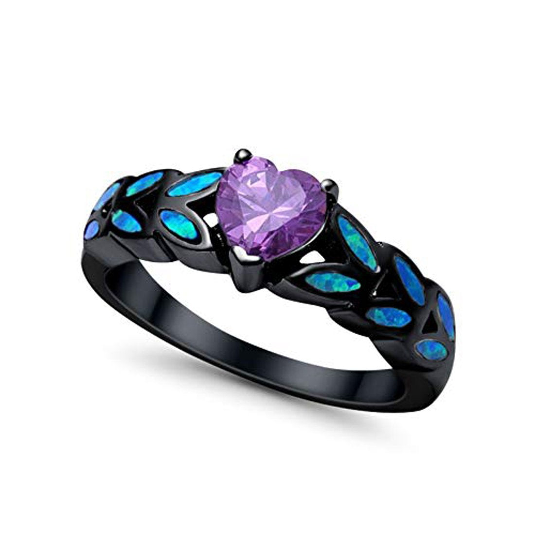 Heart Shape Amethyst Black Tone Lab Blue Opal Ring