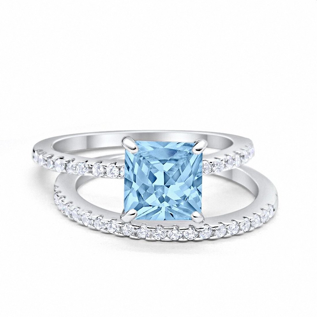 Two Piece Asscher Cut Simulated Aquamarine CZ Engagement Ring