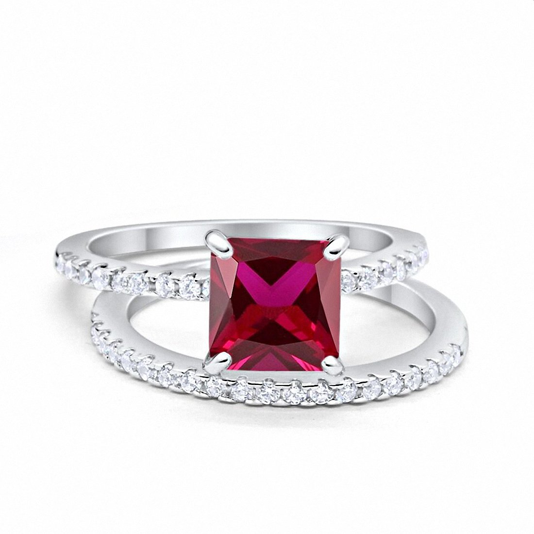 Two Piece Engagement Ring Asscher Cut Simulated Ruby CZ