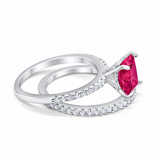 Two Piece Engagement Ring Asscher Cut Simulated Ruby CZ