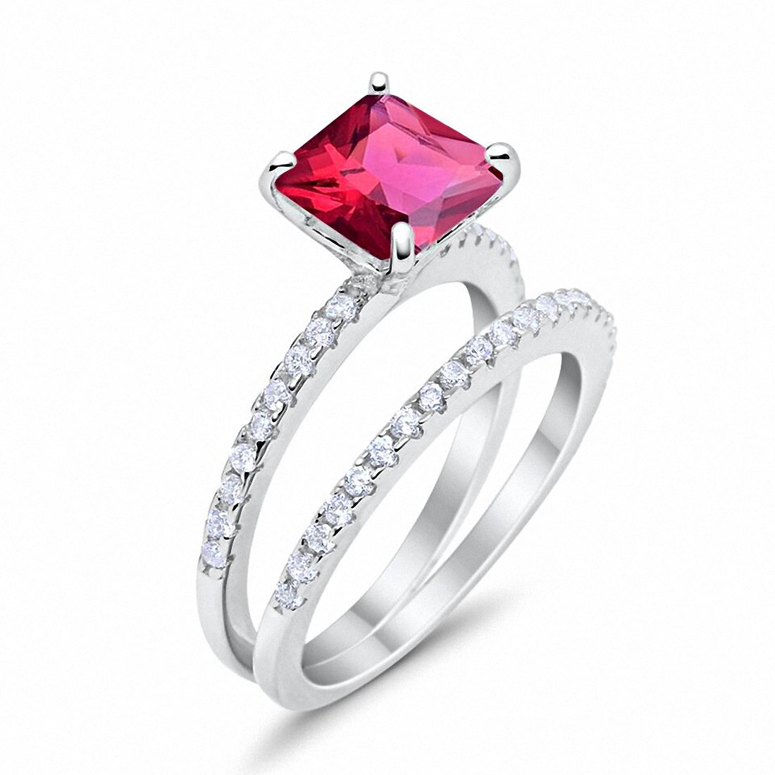 Two Piece Engagement Ring Asscher Cut Simulated Ruby CZ