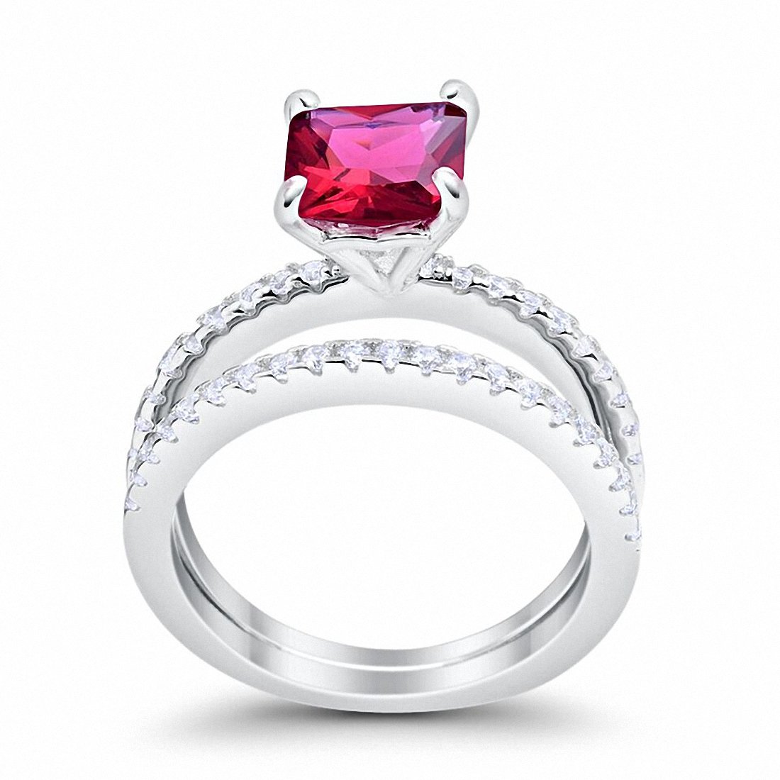 Two Piece Engagement Ring Asscher Cut Simulated Ruby CZ