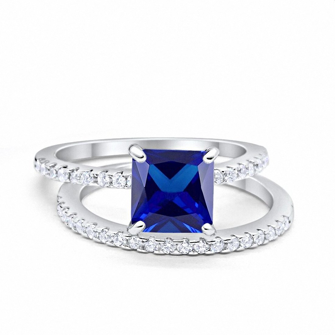 Two Piece Engagement Ring Asscher Cut Simulated Blue Sapphire CZ