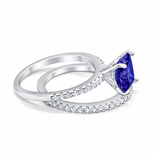 Two Piece Engagement Ring Asscher Cut Simulated Blue Sapphire CZ