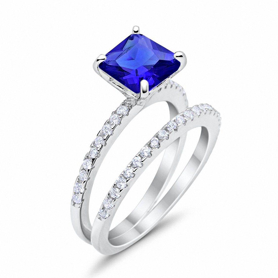 Two Piece Engagement Ring Asscher Cut Simulated Blue Sapphire CZ