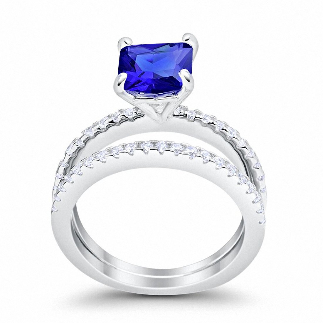 Two Piece Engagement Ring Asscher Cut Simulated Blue Sapphire CZ