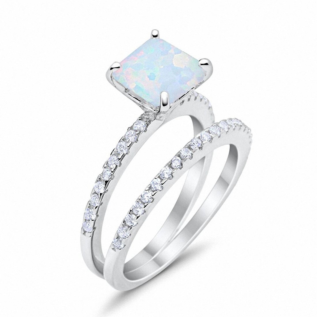 Two Piece Engagement Ring Asscher Cut Lab Created White Opal