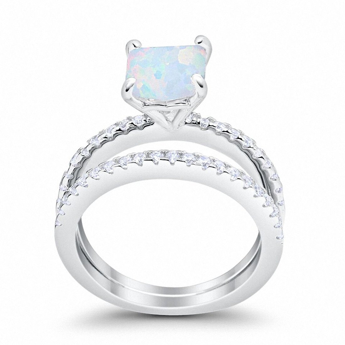 Two Piece Engagement Ring Asscher Cut Lab Created White Opal