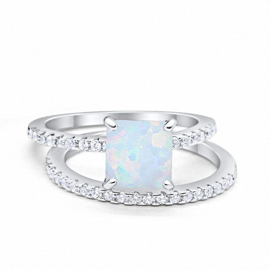 Two Piece Engagement Ring Asscher Cut Lab Created White Opal