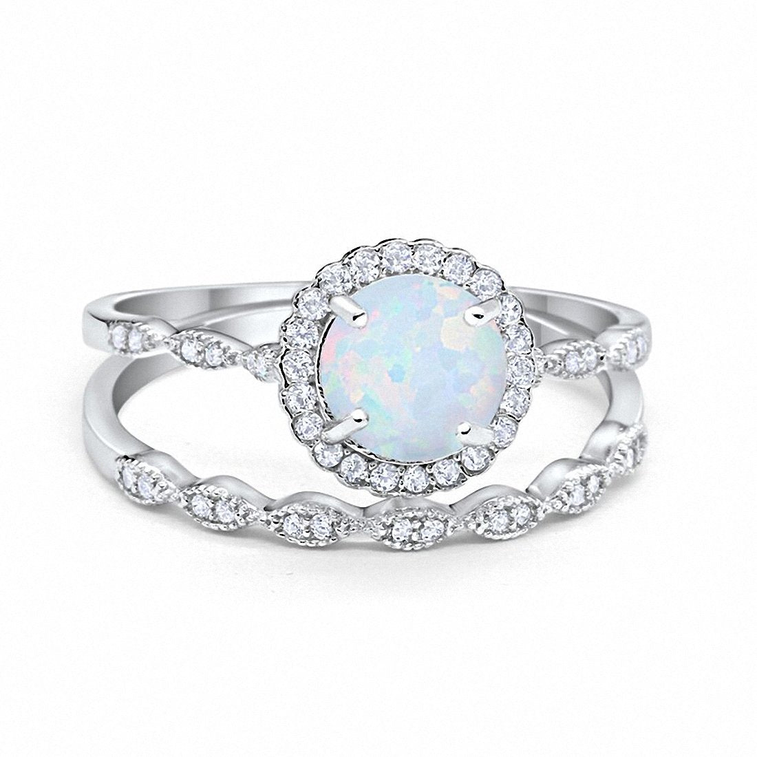 Two Piece Engagement Ring Round Lab Created White Opal