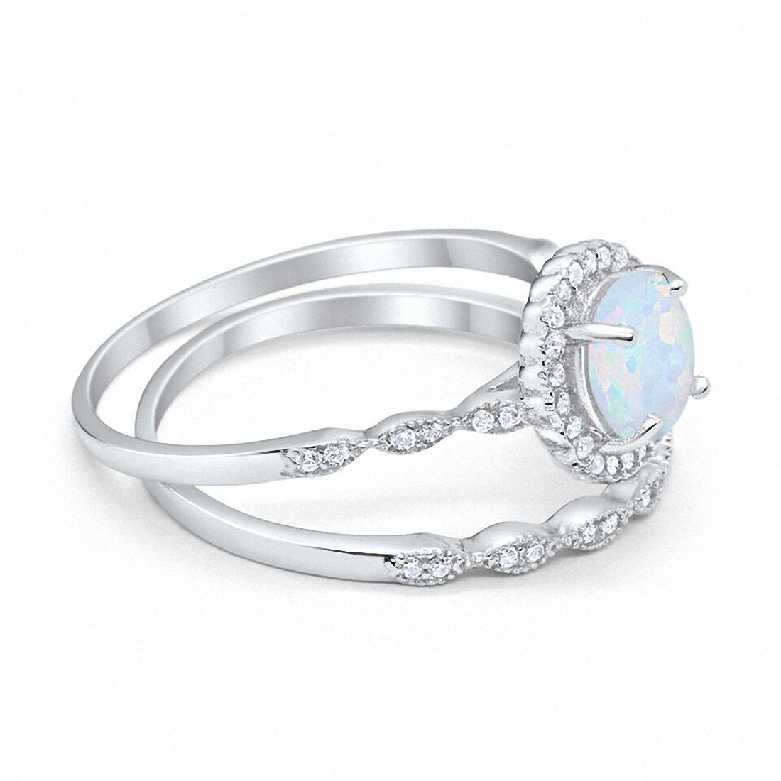 Two Piece Engagement Ring Round Lab Created White Opal