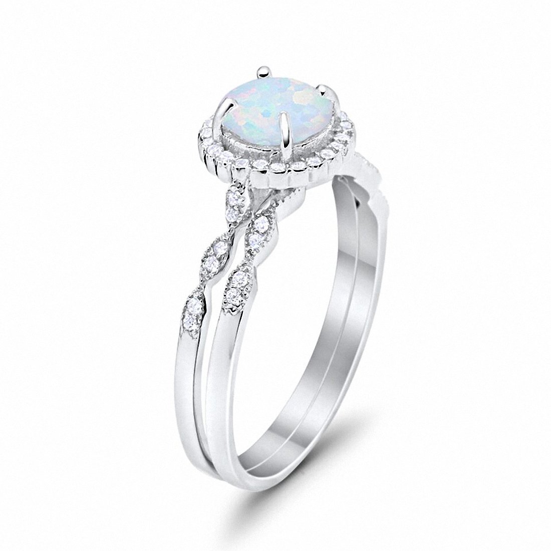 Two Piece Engagement Ring Round Lab Created White Opal