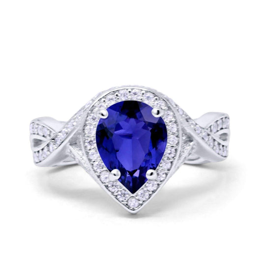 Teardrop Engagement Bridal Ring Simulated Blue Sapphire CZ