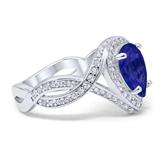 Teardrop Engagement Bridal Ring Simulated Blue Sapphire CZ