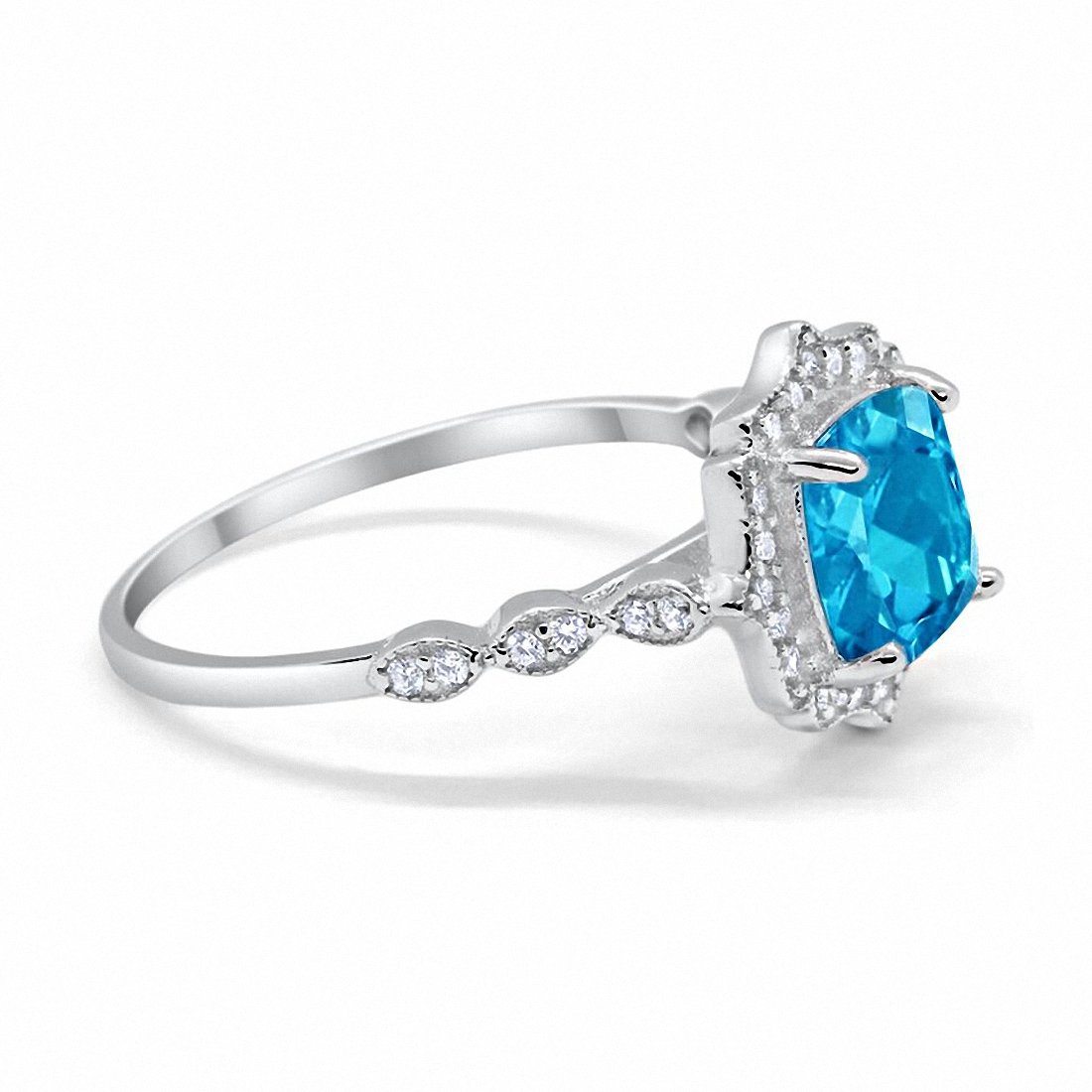 Halo Cushion Simulated Aquamarine CZ Engagement Ring