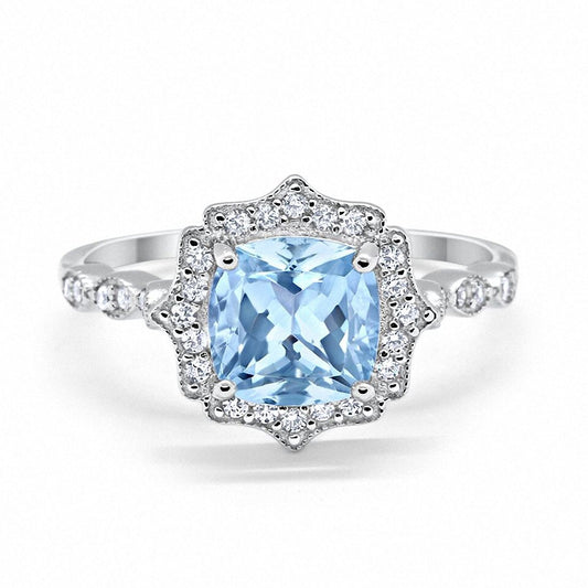 Halo Cushion Simulated Aquamarine CZ Engagement Ring