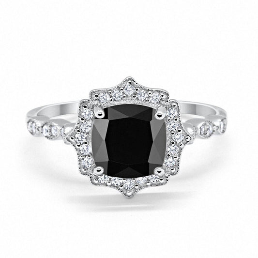 Halo Engagement Ring Cushion Simulated Black CZ