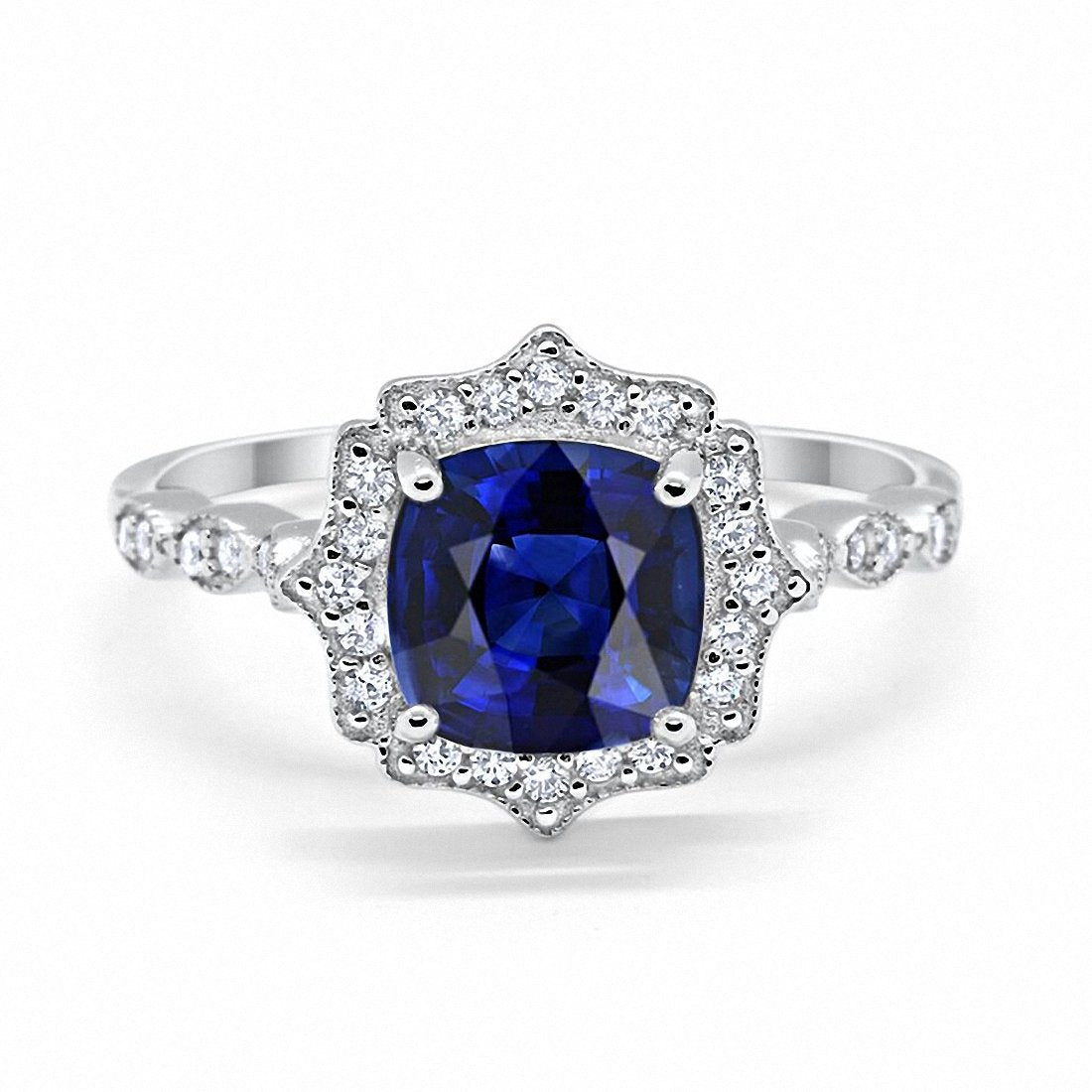 Halo Engagement Ring Cushion Simulated Blue Sapphire CZ