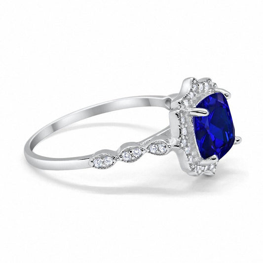 Halo Engagement Ring Cushion Simulated Blue Sapphire CZ