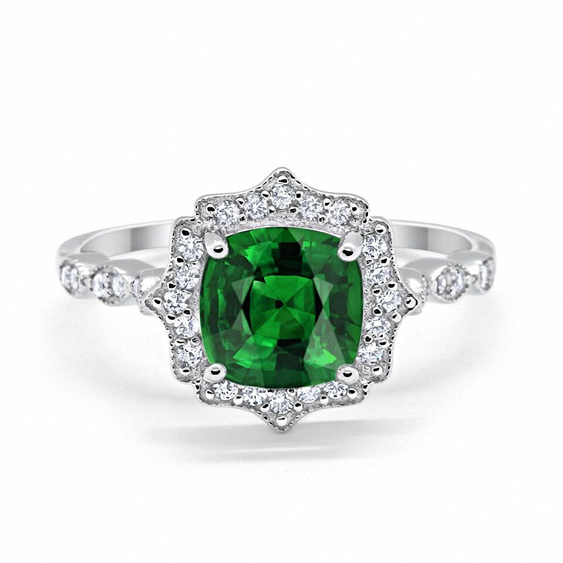 Halo Engagement Ring Cushion Simulated Green Emerald CZ