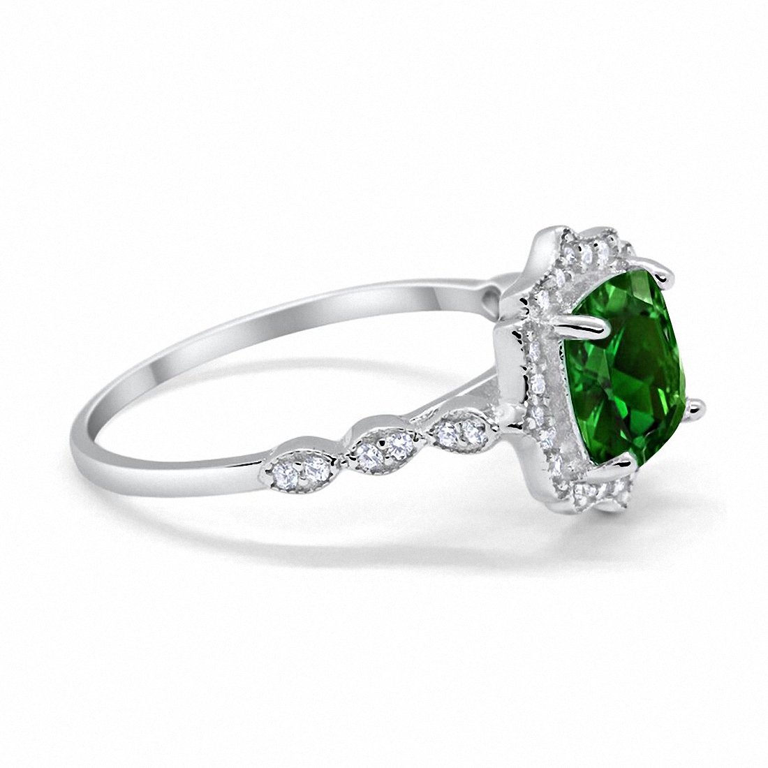 Halo Engagement Ring Cushion Simulated Green Emerald CZ