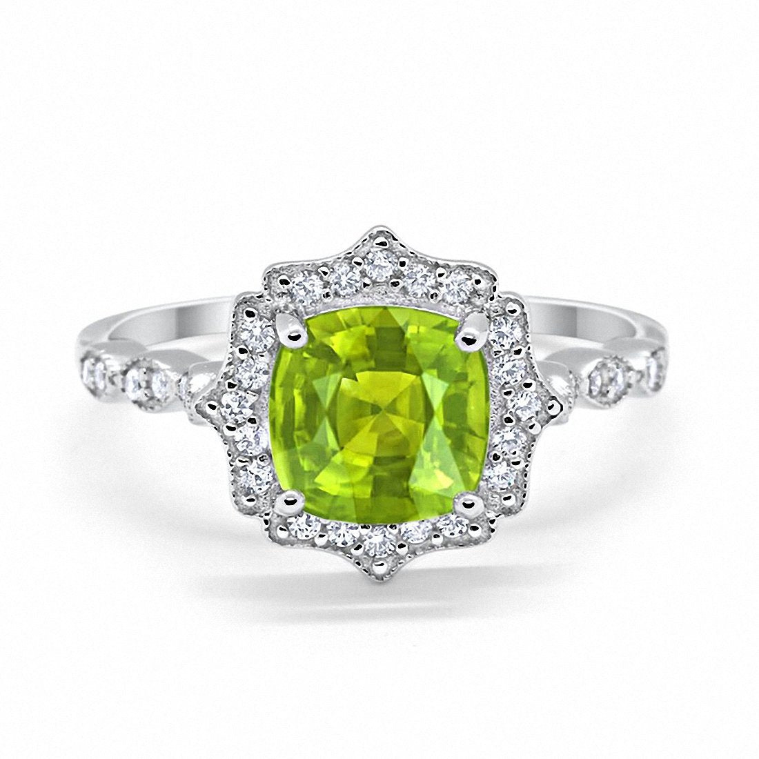 Halo Engagement Ring Cushion Simulated Peridot CZ