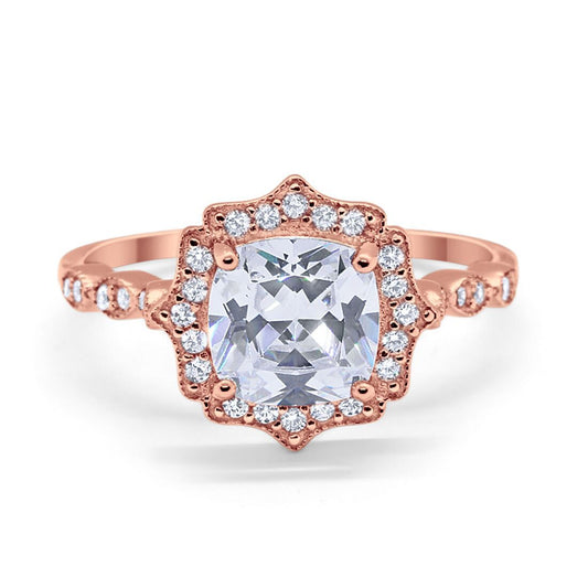 Halo Engagement Ring Cushion Rose Tone, Simulated CZ