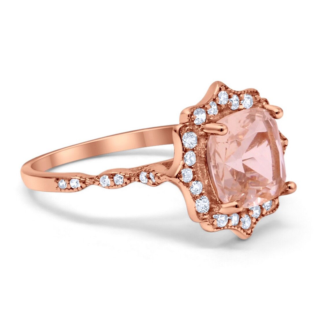 Halo Art Deco Cushion Rose Tone, Simulated Morganite CZ Engagement Ring