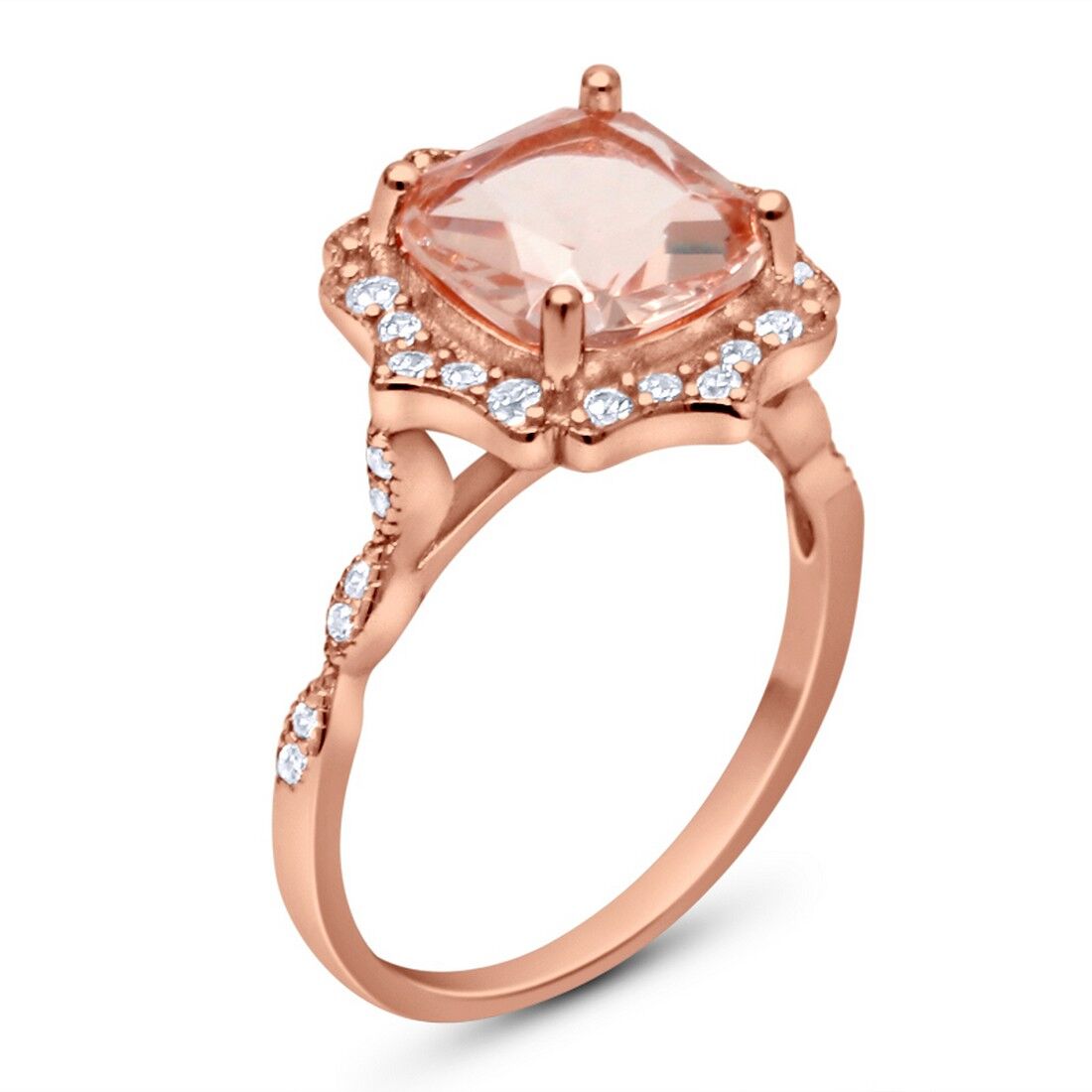 Halo Art Deco Cushion Rose Tone, Simulated Morganite CZ Engagement Ring