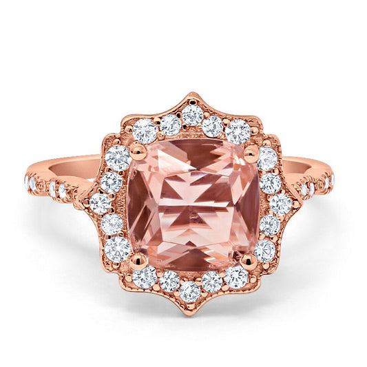 Halo Art Deco Cushion Rose Tone, Simulated Morganite CZ Engagement Ring