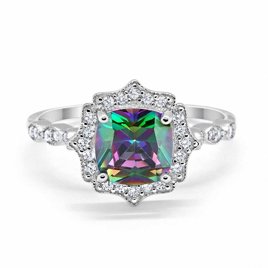 Halo Engagement Ring Cushion Simulated Rainbow CZ