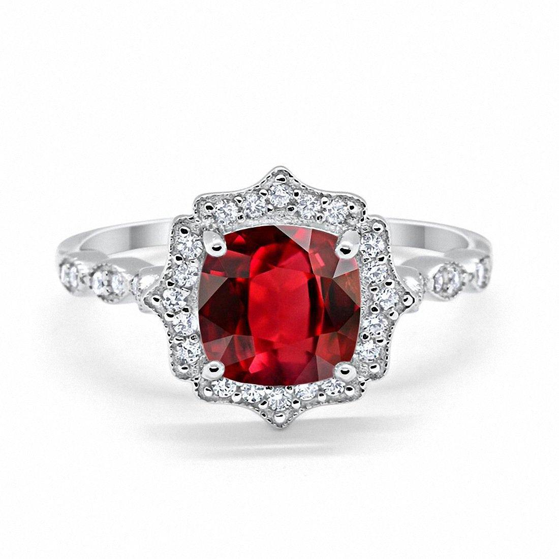 Halo Engagement Ring Cushion Simulated Ruby CZ