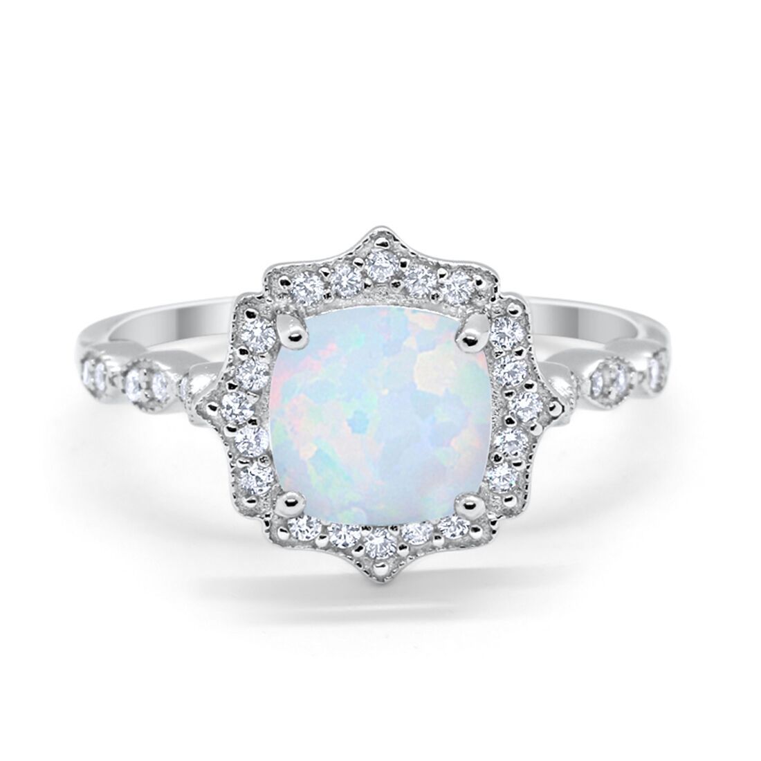 Halo Engagement Ring Cushion Lab Created White Opal