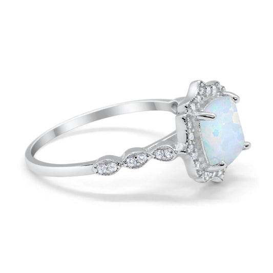 Halo Engagement Ring Cushion Lab Created White Opal