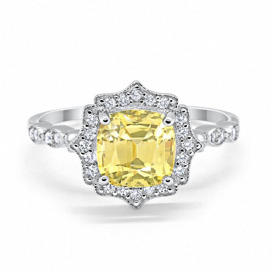 Halo Engagement Ring Cushion Simulated Yellow CZ